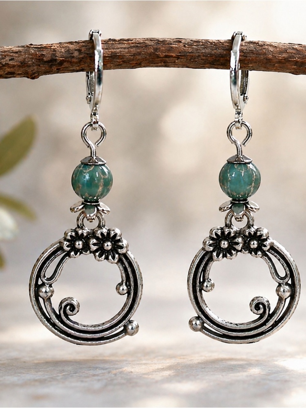 Turquoise Aqua Silver Scroll Earrings • Boho Floral Dangles - Picture 7 of 7